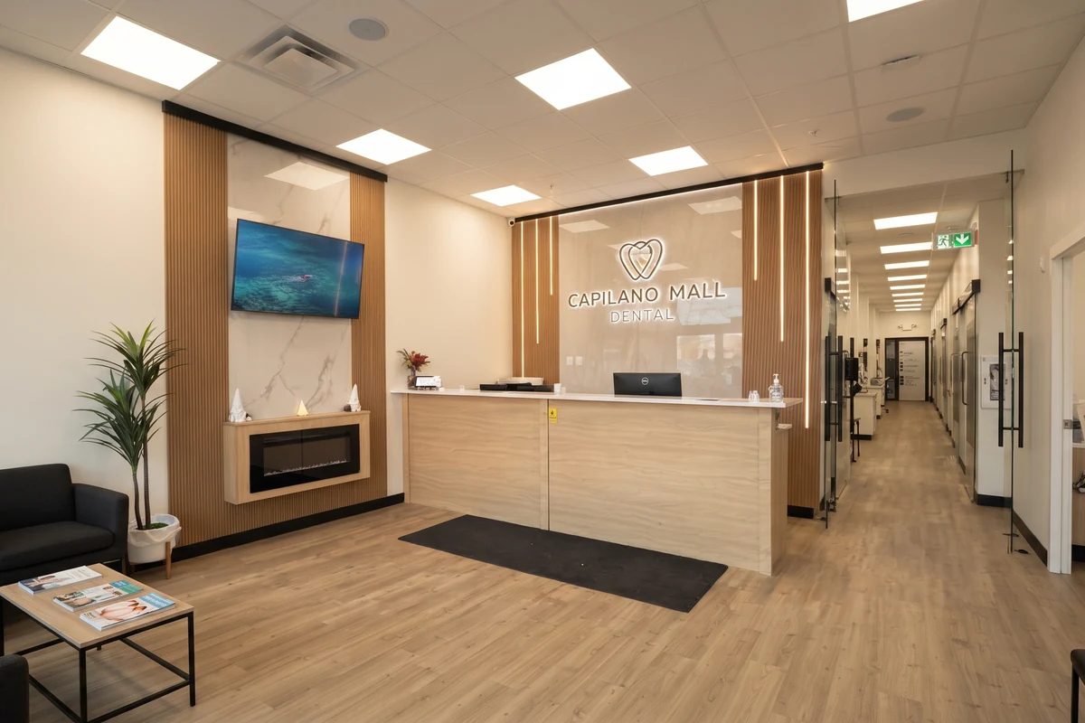 Reception desk and patient lounge at Capilano Mall Dental in Edmonton